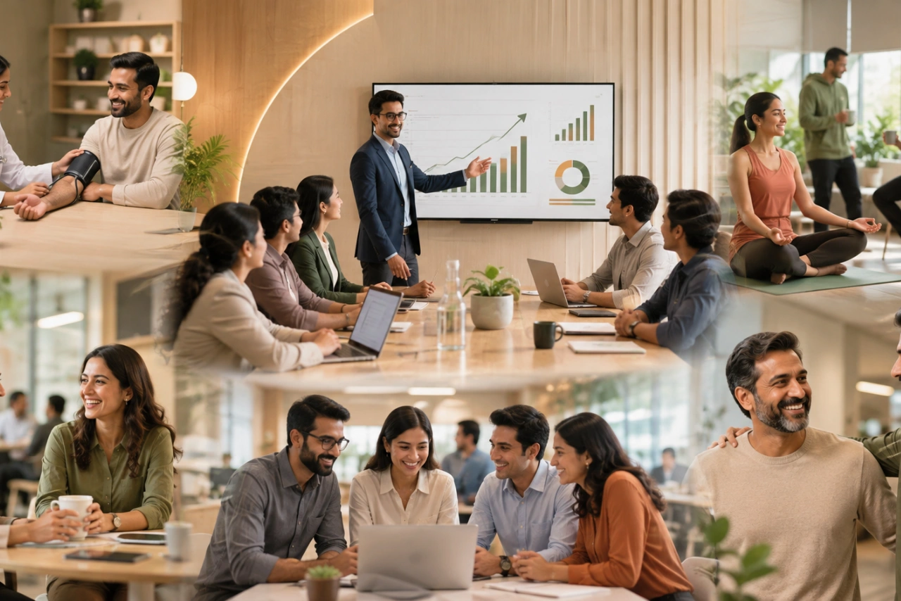 Corporate team collaborating in a workplace wellness session
