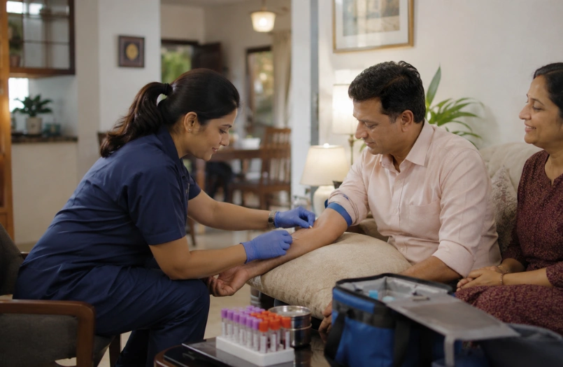 Nurse collecting a blood sample from a patient at home